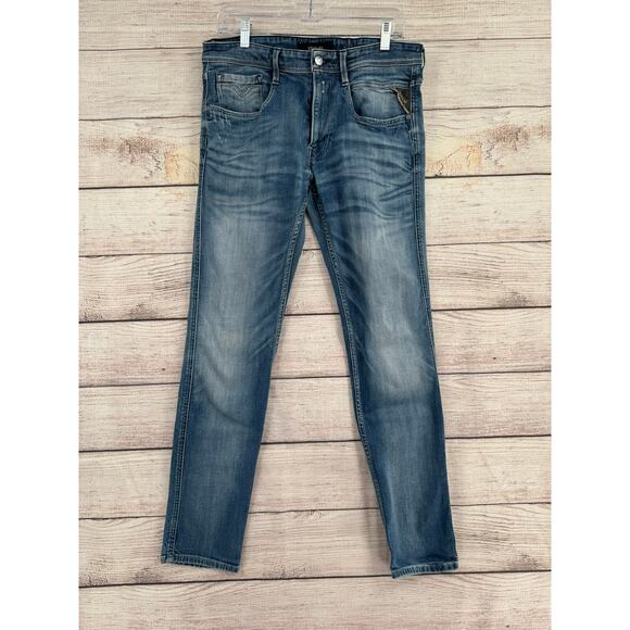 Replay Anbass Hyperflex M914 Straight Leg Jeans Mens 33x32 Blue Medium Wash - Picture 1 of 12